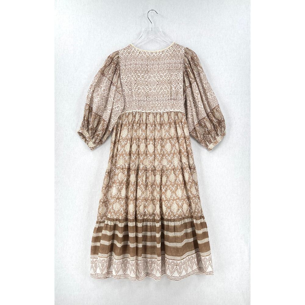 DAUGHTERS OF INDIA Jasmine Midi Dress Women Small White Brown Block Print Cotton - Picture 6 of 16